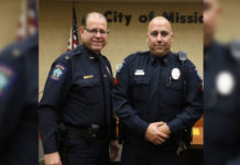Pictured from left to right: Mission Police Chief Robert Dominguez and Cpl. Jose Luis “Speedy” Espericueta at his corporal promotion ceremony in January of 2018.