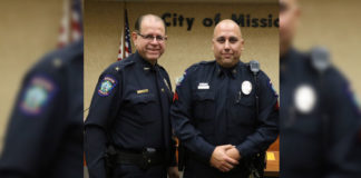 Pictured from left to right: Mission Police Chief Robert Dominguez and Cpl. Jose Luis “Speedy” Espericueta at his corporal promotion ceremony in January of 2018.