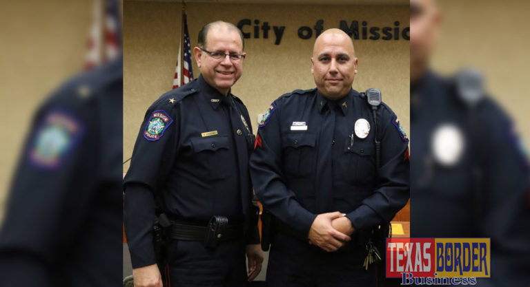 Pictured from left to right: Mission Police Chief Robert Dominguez and Cpl. Jose Luis “Speedy” Espericueta at his corporal promotion ceremony in January of 2018.