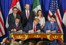 President Trump, Canadian President Trudeau, and Mexican President Enrique Peña Nieto sign the U.S.-Mexico-Canada trade agreement during a ceremony in Buenos Aires, on the margins of the G-20 Leaders' Summit on November 30, 2018. [State Department photo by Ron Przysucha / Public Domain]