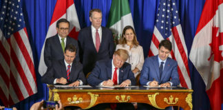 President Trump, Canadian President Trudeau, and Mexican President Enrique Peña Nieto sign the U.S.-Mexico-Canada trade agreement during a ceremony in Buenos Aires, on the margins of the G-20 Leaders' Summit on November 30, 2018. [State Department photo by Ron Przysucha / Public Domain]