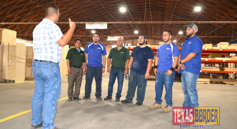 Kapal Cabinet House employees reviewing OSHA training. Pictured left to right: Edgar Meza, Gerardo Mendoza, Oscar Cedillo, Rodrick Anzaldua, Pablo Garza, David Peralez, presenter, and Fernando Martinez.