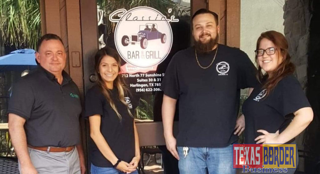 Shown meeting to make arrangements for Monday's Business Mixer are left to right:  John Gonzales, RGVHCC Chair Elect, Classic's Bar & Grill staff along with Nick Demoss, Bar Manager.