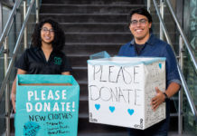 UTRGV’s Psychology Student Alliance for Research (PSAR), along with Edinburg Counseling Student Association, Psychology Club and Office for Victim Advocacy and Violence Prevention, are coming together to gather new clothing donations to help victims of sexual assault. The clothing donated is to assist the nonprofit organization Mujeres Unidas. The clothing drive ends August 18. Pictured is Margot Martinez, PSAR member and sexual assault outreach advocate for Mujeres Unidas, and PSAR President Mauricio Yanez. (UTRGV Photo by Paul Chouy)