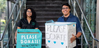 UTRGV’s Psychology Student Alliance for Research (PSAR), along with Edinburg Counseling Student Association, Psychology Club and Office for Victim Advocacy and Violence Prevention, are coming together to gather new clothing donations to help victims of sexual assault. The clothing donated is to assist the nonprofit organization Mujeres Unidas. The clothing drive ends August 18. Pictured is Margot Martinez, PSAR member and sexual assault outreach advocate for Mujeres Unidas, and PSAR President Mauricio Yanez. (UTRGV Photo by Paul Chouy)