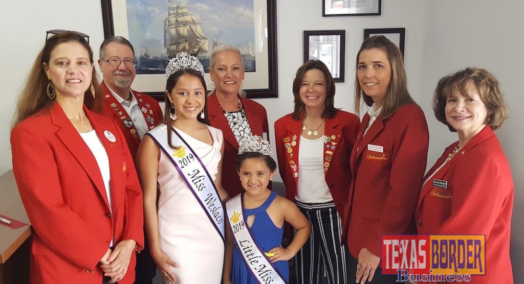 Weslaco Chamber Ambassadors pose with Miss Weslaco 2019 Daisy Ramirez and Little Miss Weslaco 2019 Stella Silva at a ribbon cutting ceremony. Pictured L-R: Marisol Nuñez, Davis Equity Real Estate; Daryl Smith, Smith Security Group; Flo Lasater, Davis Equity Real Estate; Carla McCaleb, McCaleb Funeral Home; Sandra Charlton, CPA and Beverly Madden, Davis Equity Real Estate.  