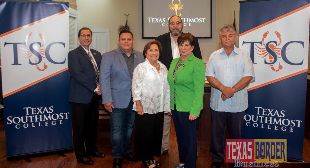 Delia Saenz was appointed to fill the vacant Place 4 position on the Texas Southmost College Board of Trustees on Aug. 1, 2019 during a special meeting held at the Gorgas Board Room at TSC in Brownsville. From left, TSC President Jesús Roberto Rodriguez, TSC Trustees J.J. de Leon Jr., Saenz, Dr. Tony Zavaleta, TSC Board Chair Adela G. Garza and TSC Board Vice Chair Ruben Herrera.