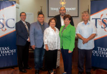 Delia Saenz was appointed to fill the vacant Place 4 position on the Texas Southmost College Board of Trustees on Aug. 1, 2019 during a special meeting held at the Gorgas Board Room at TSC in Brownsville. From left, TSC President Jesús Roberto Rodriguez, TSC Trustees J.J. de Leon Jr., Saenz, Dr. Tony Zavaleta, TSC Board Chair Adela G. Garza and TSC Board Vice Chair Ruben Herrera.