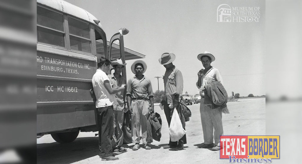 Photograph: A group of men, who participated in the Bracero Program, at the Hidalgo Processing Center, July 1960. (Margaret H. McAllen Memorial Archives)  