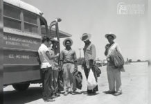 Photograph: A group of men, who participated in the Bracero Program, at the Hidalgo Processing Center, July 1960. (Margaret H. McAllen Memorial Archives)