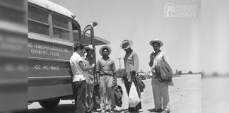 Photograph: A group of men, who participated in the Bracero Program, at the Hidalgo Processing Center, July 1960. (Margaret H. McAllen Memorial Archives)