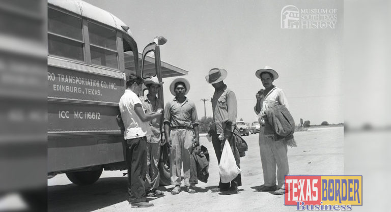 Photograph: A group of men, who participated in the Bracero Program, at the Hidalgo Processing Center, July 1960. (Margaret H. McAllen Memorial Archives)