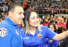 Retired NASA Astronaut Jose Hernandez poses for a selfie with District Parent Round Table Committee Member Angelica Martinez during the Edinburg CISD General Assembly at the Bert Ogden Arena in Edinburg.