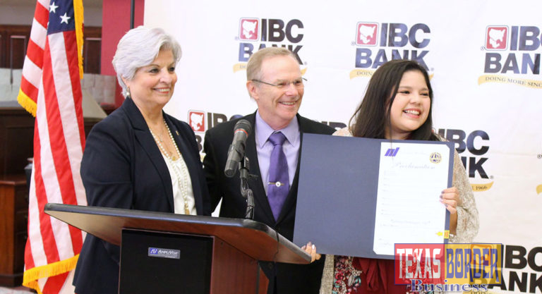 Pictured above is McAllen City Mayor Jim Darling and IBC Bank Senior Vice President Dora Brown presenting Sabrina Dominguez with the Proclamation, stating that August 8th will be Sabrina Dominguez Day.