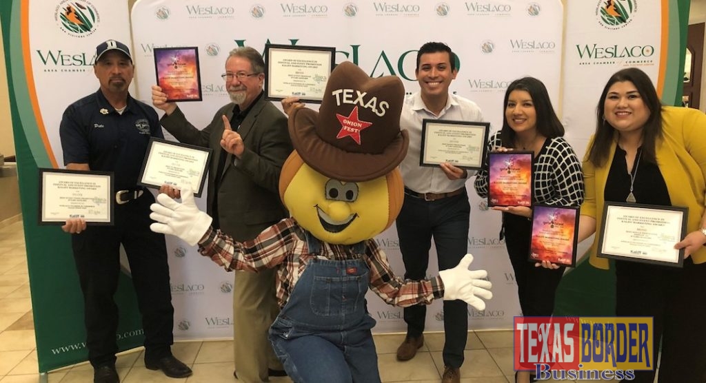 Texas Onion Fest received eight awards from the Texas Festivals & Events Association at the annual conference in August. Pictured here with the Texas Onion Fest mascot Tex the Sweet Onion (L-R):  Pete Garcia, City of Weslaco; Daryl Smith, Texas Onion Fest Committee Chair; Luis Reyes, Weslaco Chamber Board Chair; Alex Montenegro, Texas Onion Fest Finance Committee Chair and Barbara Garza, Weslaco Chamber President/CEO.