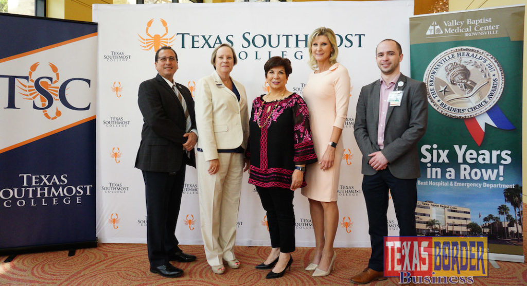 Texas Southmost College and Valley Baptist Medical Center-Brownsville expanded their longtime partnership to include the Certified Nursing Assistant program during a Signing Ceremony Aug. 28, 2019 at the TSC Performing Arts Center in Brownsville. From left, TSC President Jesús Roberto Rodríguez, TSC Vice President of Instruction Joanna Kile, TSC Board of Trustees Chairwoman Adela G. Garza, VBMC-Brownsville Chief Executive Officer Leslie Bingham and VBMC-Brownsville Director of Strategy Brandon Mohler.