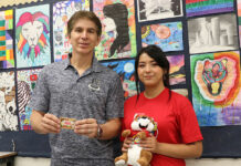 Edinburg North High School art student Brittlee Garcia is pictured holding one of the prizes she was awarded in the Don’t mess with Texas® K-12 Art Contest along with her art teacher, Manuel Saenz Jr., who is holding an H-E-B/Central Market gift card.