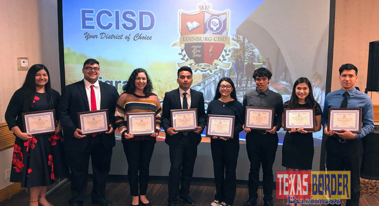 Edinburg Rotary Club honors Edinburg CISD’s Migrant Education Program Feb. 20 at the Echo Hotel in Edinburg. Pictured L-R: Edinburg High School senior Michelle Marie Silva, Edinburg High School senior Luis Alfonso Rodriguez Jr., Edinburg North High School senior Emily Adena Castillo, Edinburg North High School senior Edson Adrian Garay Mendez, Economedes High School senior Anahi Gonzalez, Economedes High School senior Antonio Albiter, Vela High School senior Zaida Marely Salinas and Vela High School senior Isaac Natanael Armijo Sanchez.
