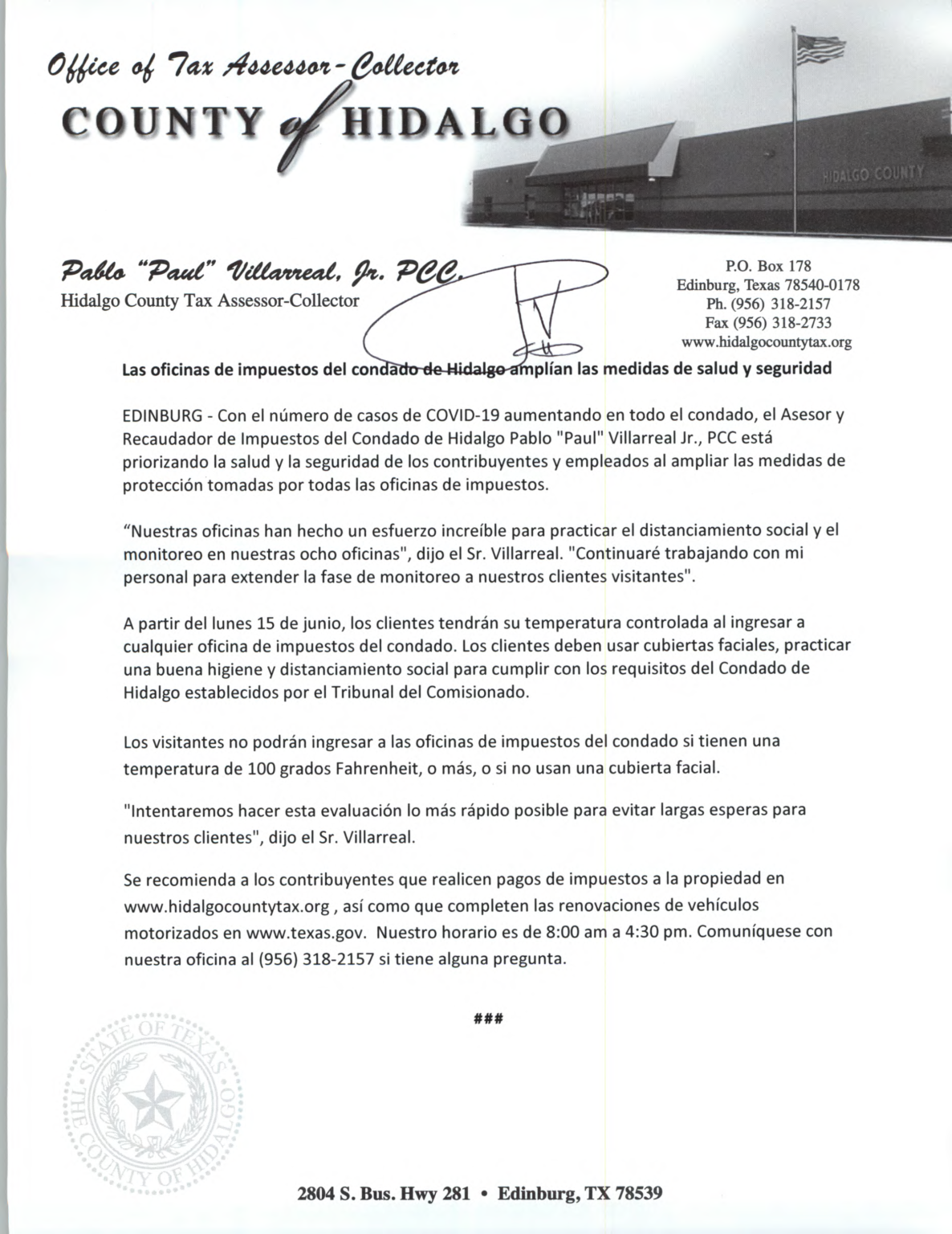 Hidalgo County Tax offices expands health and safety measures Texas
