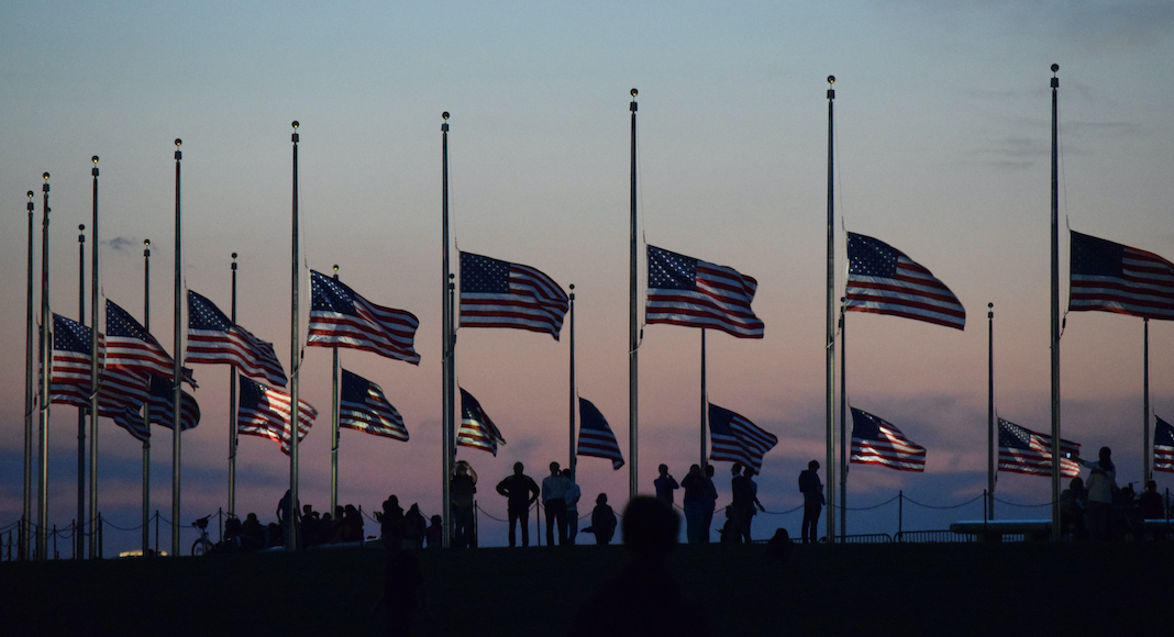 Flags at halfstaff in observance of Pearl Harbor Remembrance Day