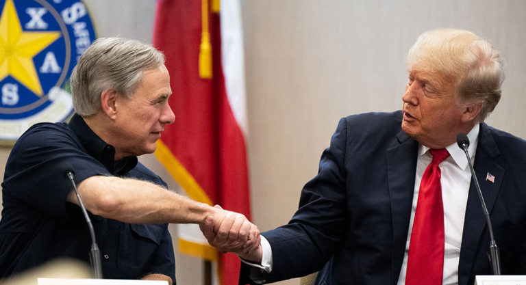 Gov. Greg Abbott and former U.S. President Donald Trump meet in a Town Hall Meeting in South Texas
