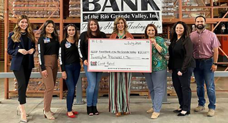 Photo (L R): Olivia Lemus-Lucio, Food Bank RGV; representing H-E-B: Emily Montemayor, Jeannette Gamboa, Audrey Trevino-Guerra; Norma Guevara, Board Member Food Bank RGV; Libby A. Salinas-Saenz, CEO Food Bank RGV; Connie Ramos, CEO Food Bank RGV; and Philip Farias, Food Bank RGV.