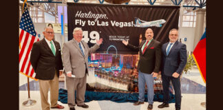 From l-R. José Mullet, Air Service Development; Chris Boswell, Harlingen Mayor , Alfredo Gonzalez, Frontier Airlines Sales Manager and Mary Esterly, Director of Aviation. Image by Roberto Hugo Gonzalez, Texas Border Business.