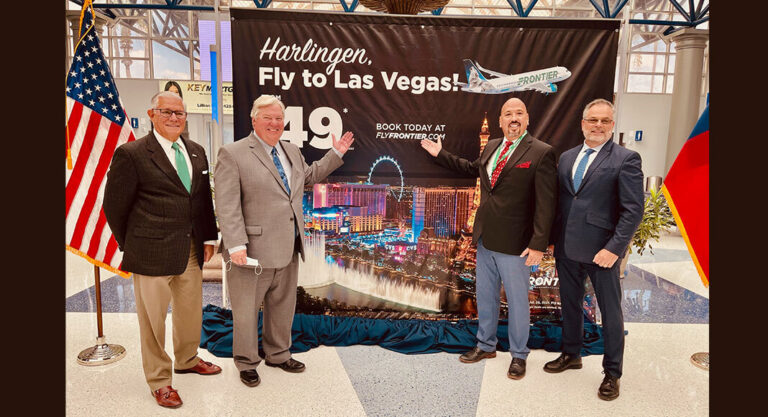 From l-R. José Mullet, Air Service Development; Chris Boswell, Harlingen Mayor , Alfredo Gonzalez, Frontier Airlines Sales Manager and Mary Esterly, Director of Aviation. Image by Roberto Hugo Gonzalez, Texas Border Business.