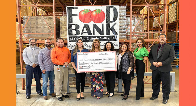 Thank you Whataburger for your sponsorship of Empty Bowls 2021. Omar Rodriguez, Philip Farias, Whataburger Area Manager Ike Flores, Whataburger Field Brand Development-Rio Grande Valley Thays H. Fernades, Food Bank RGV Board Member / Empty Bowls Chair Norma Guevara, Food Bank RGV CEO Connie Ramos, Food Bank RGV CEO Libby A. Salinas-Saenz, Empty Bowls Committee member Sindy Buezo, Empty Bowls Chair Omar Guevara. Image courtesy of The Food Bank of the Rio Grande Valley