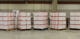 Boxes containing 3,740 pounds of methamphetamine seized by CBP officers at Colombia-Solidarity Bridge.