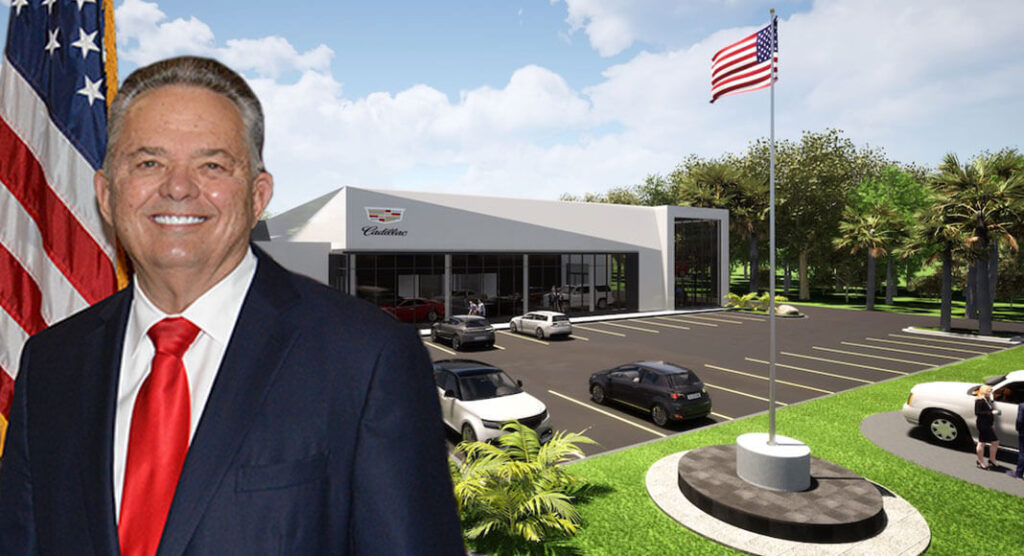 A rendering of the Bert Ogden Cadillac Lyriq dealership. The facility sits across from the multimillion-dollar Bert Ogden Arena.