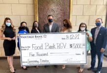 Food Bank RGV thanks Vantage Bank Texas for their Empty Bowls 2021 sponsorship!  L-R: Olivia Lemus-Lucio, Food Bank RGV; Connie Ramos, Food Bank RGV CEO; Thomas Davidson, RGV Market President, Sindy Buezo, Food Bank RGV Empty Bowls Committee Member; Libby Salinas-Saenz, Food Bank RGV CEO; George Cardenas, Regional President. Food Bank RGV Image