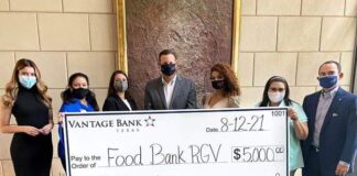 Food Bank RGV thanks Vantage Bank Texas for their Empty Bowls 2021 sponsorship!  L-R: Olivia Lemus-Lucio, Food Bank RGV; Connie Ramos, Food Bank RGV CEO; Thomas Davidson, RGV Market President, Sindy Buezo, Food Bank RGV Empty Bowls Committee Member; Libby Salinas-Saenz, Food Bank RGV CEO; George Cardenas, Regional President. Food Bank RGV Image