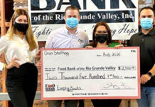 Food Bank RGV thanks Onin Staffing for their Empty Bowls 2021 sponsorship!  L-R: Olivia Lemus-Lucio, Food Bank RGV; Reid Markle, Onin Staffing Market Manager; Libby Salinas-Saenz, Food Bank RGV CEO; Philip Farias, Food Bank RGV. Food Bank RGV Image.