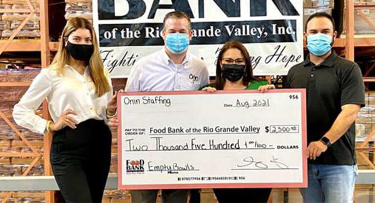 Food Bank RGV thanks Onin Staffing for their Empty Bowls 2021 sponsorship!  L-R: Olivia Lemus-Lucio, Food Bank RGV; Reid Markle, Onin Staffing Market Manager; Libby Salinas-Saenz, Food Bank RGV CEO; Philip Farias, Food Bank RGV. Food Bank RGV Image.