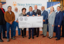 (left to right):Eduardo Salgado, recruiter/training specialist for Keppal AmFELS; Tony Vega, welder instructor for Keppal AmFELS; Ruben Vega, human resources director for Steelcoast; Adela Garza, TSC Board of Trustee & past board chair; Julian Alvarez, Texas Workforce Commission commissioner representing labor; Pat Hobbs, executive director of Workforce Solutions Cameron; Henry Castillo, regional director for Workforce Solutions Cameron; Joanna Kile, Ph.D., TSC vice president of instruction; Jesus Roberto Rodriguez, Ph.D., TSC president; and Joseph Fleishman, TSC associate vice president of Instruction and Workforce Development. TSC Image