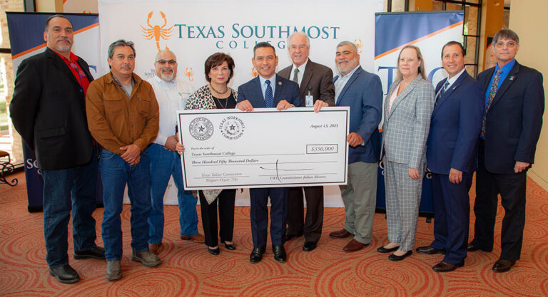 (left to right):Eduardo Salgado, recruiter/training specialist for Keppal AmFELS; Tony Vega, welder instructor for Keppal AmFELS; Ruben Vega, human resources director for Steelcoast; Adela Garza, TSC Board of Trustee & past board chair; Julian Alvarez, Texas Workforce Commission commissioner representing labor; Pat Hobbs, executive director of Workforce Solutions Cameron; Henry Castillo, regional director for Workforce Solutions Cameron; Joanna Kile, Ph.D., TSC vice president of instruction; Jesus Roberto Rodriguez, Ph.D., TSC president; and Joseph Fleishman, TSC associate vice president of Instruction and Workforce Development. TSC Image