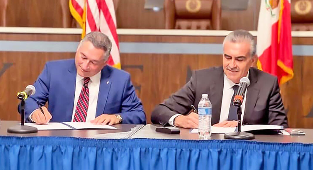 Caption:  Mayor of McAllen Javier Villalobos (pic above to the left) and Mayor of Apodaca Cesar Garza Villarreal  (pictured above to the right) will formalize McAllen and Apodaca’s sister city agreement  on August 30 during a visit from a McAllen delegation to Apodaca, NL (photo credit:  El Periodico USA) 