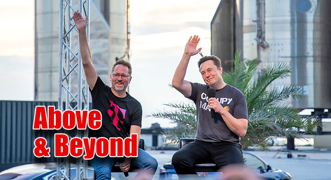 T-Mobile CEO and President Mike Sievert and SpaceX’s Chief Engineer Elon Musk on stage during the T-Mobile and SpaceX joint event on August 25, 2022. Photo courtesy T-Mobile.