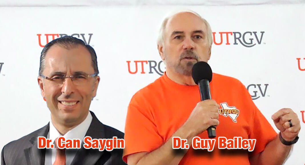 Dr. Guy Bailey, UTRGV President, introduced Dr. Can Saygin, Senior Vice President for Research and Dean of the Graduate College, during the UTRGV Fall Welcome at El Gran Salón in Brownsville. Courtesy Image 