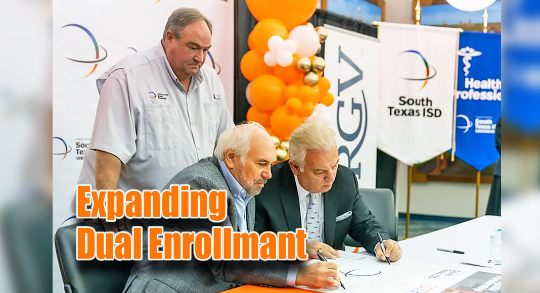 UTRGV President Guy Bailey and Dr. Marco Antonio Lara Jr., South Texas ISD superintendent, sign an agreement in Mercedes on Monday morning to improve dual credit offerings for high school students who plan to attend UTRGV. Standing is Doug Buchanan, STISD board president, who waits his turn to sign the pledge. (UTRGV Photo by David Pike)