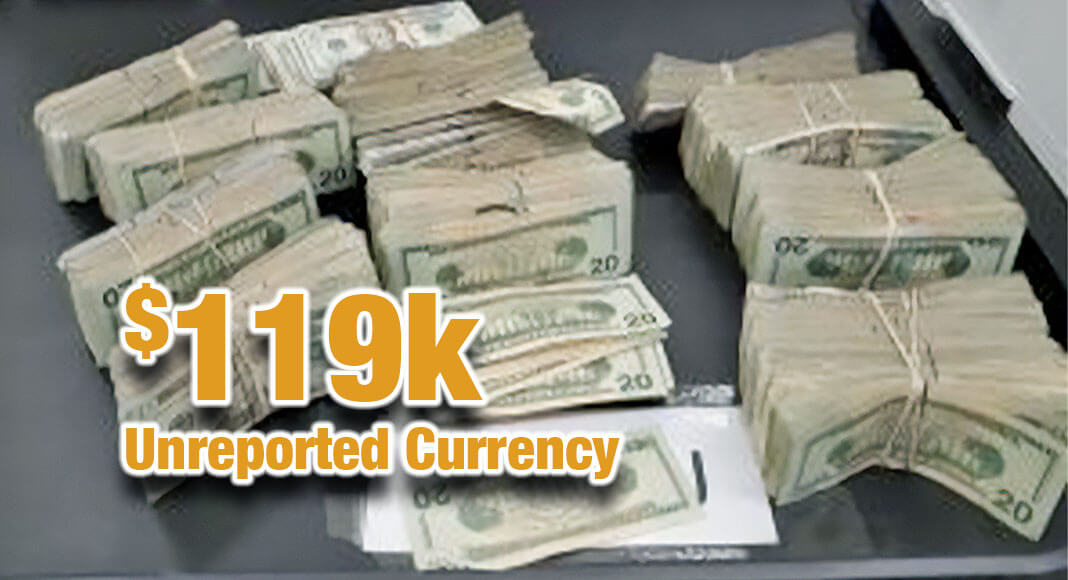 Stacks containing $119,880 in unreported currency seized by CBP officers at Eagle Pass Port of Entry. USCBP Image 