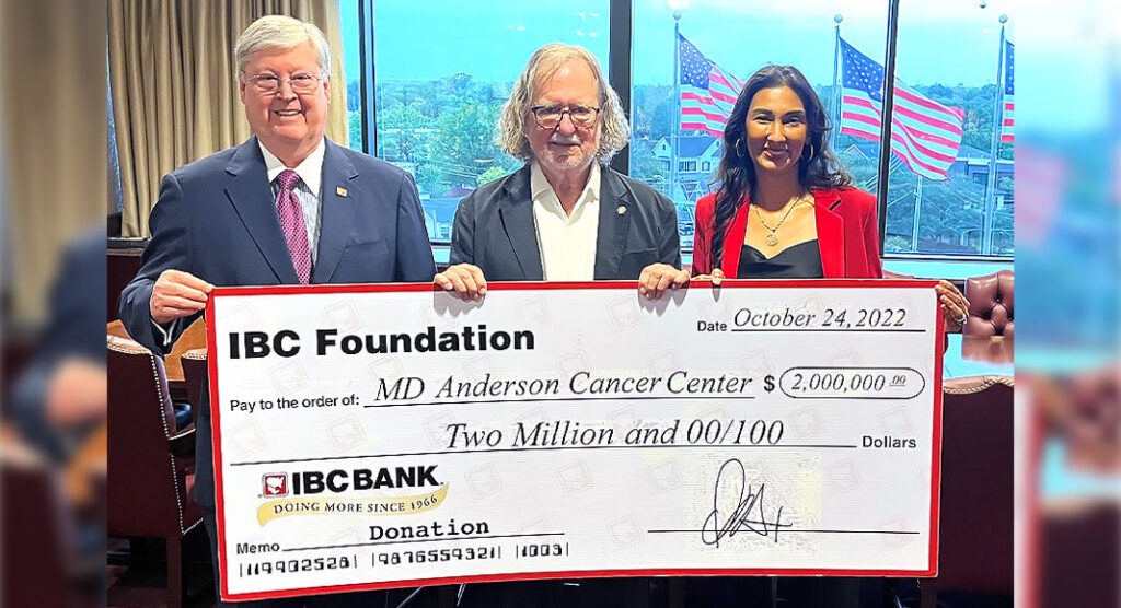 Pictured above left to right: Dennis E. Nixon, chairman and CEO of IBC Bank, Dr. James Allison and Dr. Padmanee Sharma. Courtesy Image