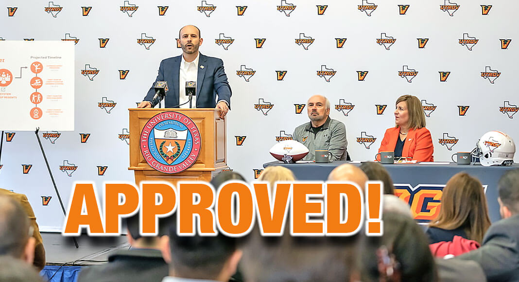 UTRGV held a press conference on Friday morning at the Edinburg Campus to update the university community and public about the expansion of the spirit programs and the creation of marching bands and football and women’s swimming and diving programs. Vice President and Director of Athletics Chasse Conque talks about the next steps for the new additions to UTRGV Athletics. (UTRGV Photo by Paul Chouy)