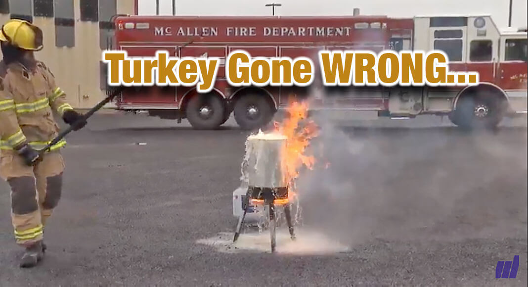 YouTube image of a McAllen Firefighter demonstrating what NOT to do when frying a turkey. 