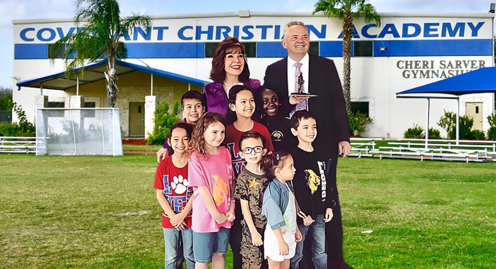 Pictured above, Bob and Janet Ogden Vackar rejoicing with Covenant Christian Academy (CCA) students. The children were part of the committee to deliver a small little bronze statue called the Sower. It also a farmer sowing seeds into the ground. The statue has a scripture with a significant message from Matthew 28:19 (NIV) when Jesus instructs them saying, “Therefore go and make disciples of all nations, baptizing them in the name of the Father and of the Son and the Holy Spirit.” Courtesy photo