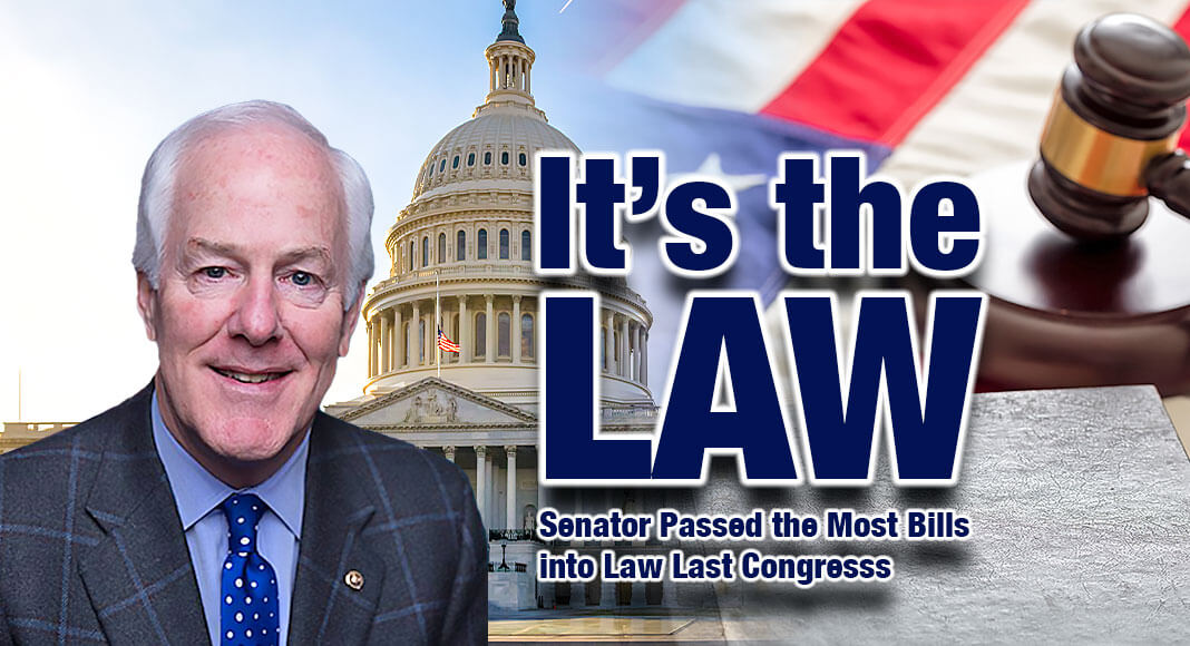 U.S. Senator John Cornyn (R-TX) has ranked first among Members of Congress in number of bills sponsored that were enacted into law during the 117th Congress with a total of 34 bills, according to GovTrack. Image for illustration purposes