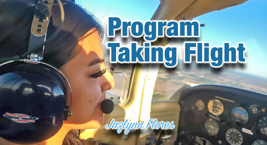 Jazlynn Flores, a senior at McAllen ISD’s Memorial High School, sits in the cockpit of a single-engine aircraft in the fall of 2022. She is one of 12 students taking the course where she can earn a Private Pilot License and a Remote Drone License by May of this year.  Image Courtesy of MISD