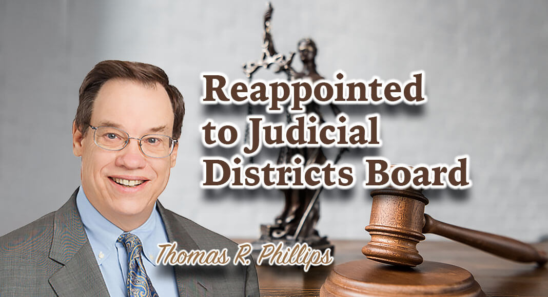 Governor Greg Abbott has reappointed Thomas R. Phillips to the Judicial Districts Board for a term set to expire on December 31, 2026. Image Source: https:bakerbotts.com for illustration purposes