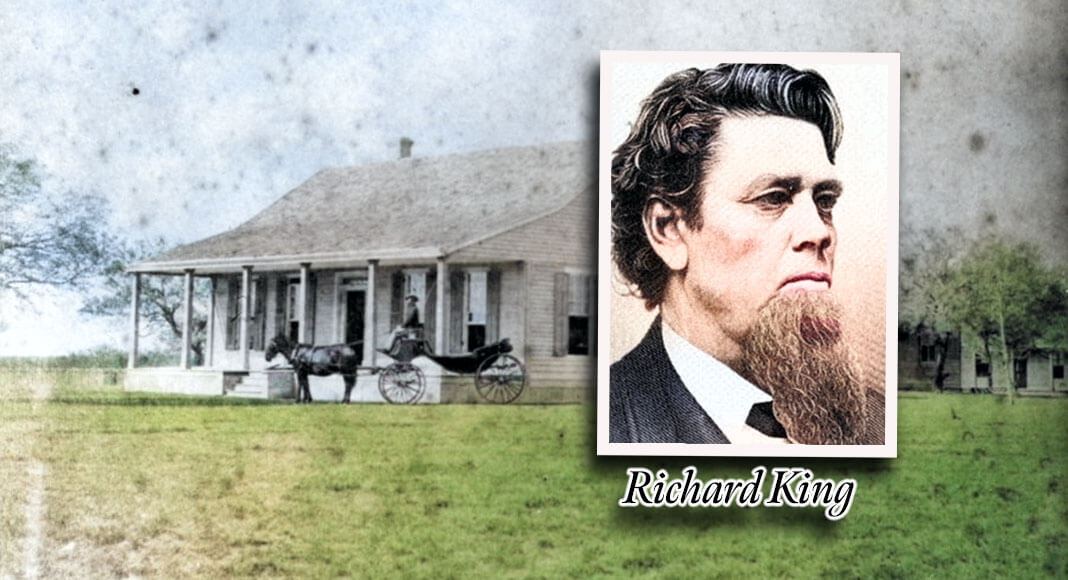 Richard King, an early ranch owner who recruited vaqueros from Mexico in 1854. Courtesy of the Bullock Texas State History Museum. Image in the Public Domain. The original King Ranch ranch house, which burned down in 1911. King Ranch archives. Image in the Public Domain